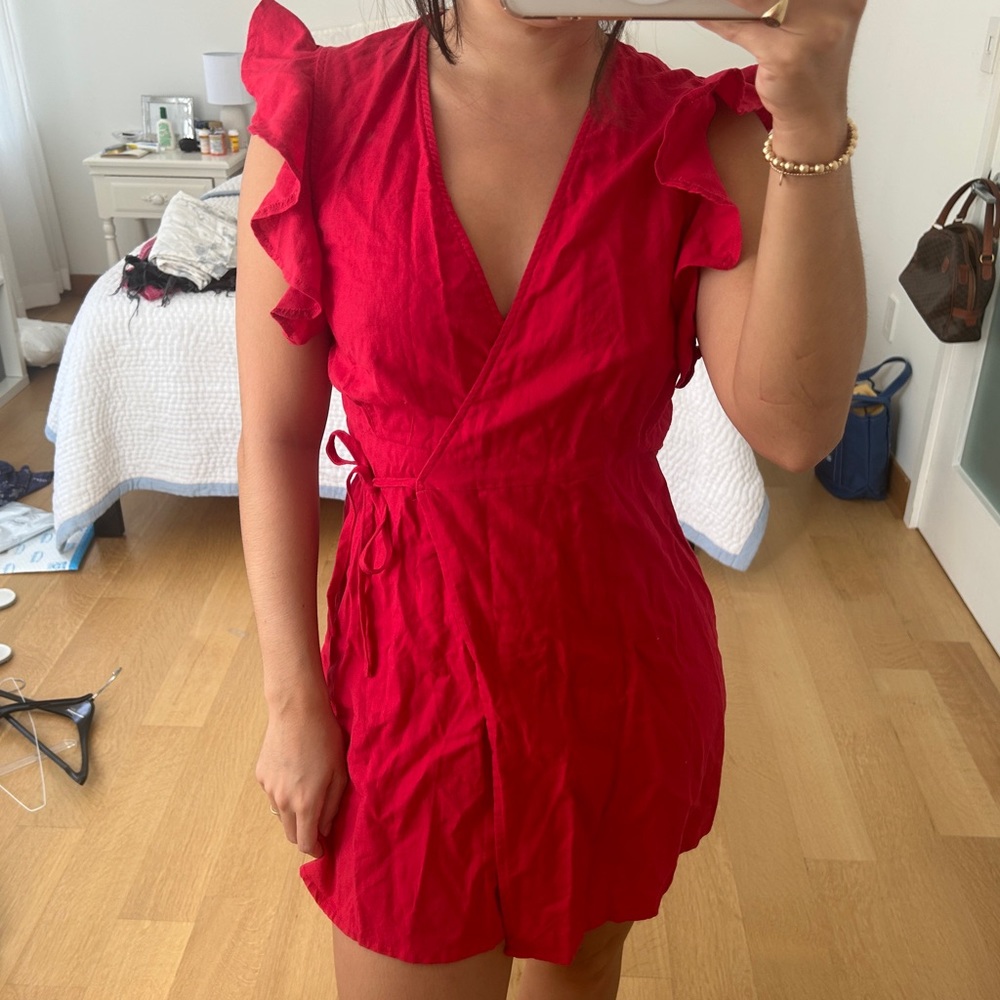 Red linen mini dress